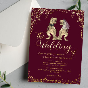Dinosaur Theme Wedding Burgundy Red and Gold Foil Invitation