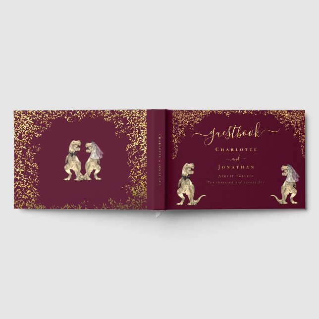 Dinosaur Theme Wedding Burgundy Red & Gold Foil Guest Book (Full)