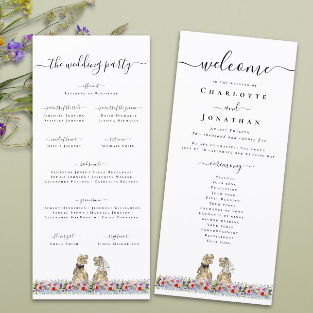 Dinosaur Theme Wedding Ceremony Program (T-Rex bride and groom funny dinosaur wedding ceremony program card Boho watercolor wildflower meadow)