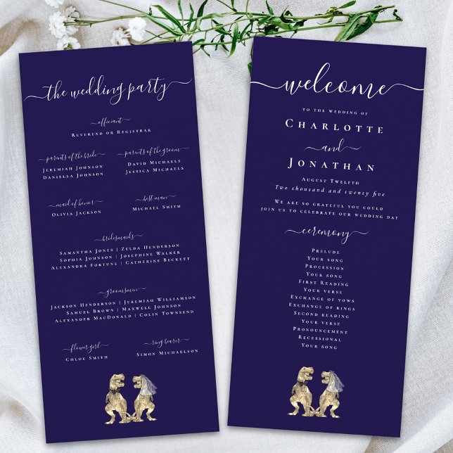 Dinosaur Theme Wedding Ceremony Program Navy Blue (Dinosaur theme wedding ceremony program card navy blue & white Elegant modern script T-Rex dino )