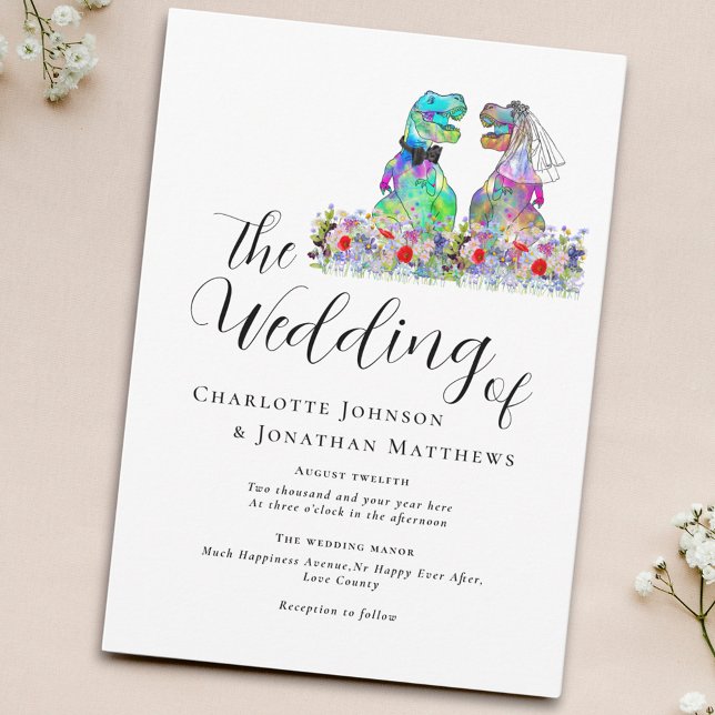 Dinosaur Theme Wedding Colorful Floral Invitation (Stylish script colorful wildflower dinosaur theme wedding invitation)