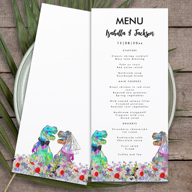 Dinosaur Theme Wedding Colorful Wildflower Menu (Dinosaur themed wedding menu with colorful T-Rex bride and groom in a colorful wildflower meadow)