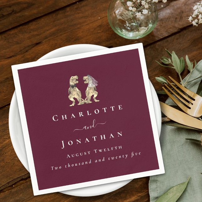 Dinosaur Theme Wedding Custom Burgundy Cream Napkins (Dinosaur theme wedding burgundy and ivory cream custom napkins T-Rex bride and groom elegant script)