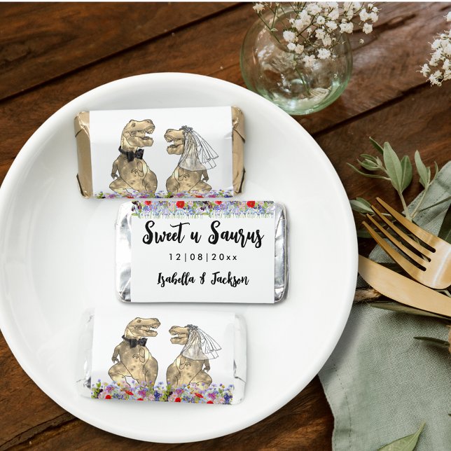 Dinosaur Theme Wedding Custom Hershey's Miniatures (Dinosaur themed wedding favor with colorful wildflowers)