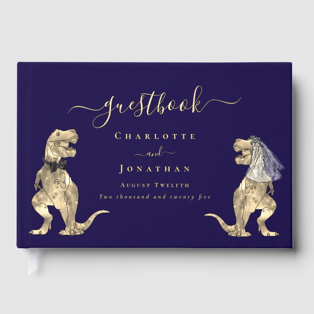 Dinosaur Theme Wedding Custom Navy Blue Gold Foil Guest Book (Front)