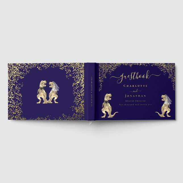 Dinosaur Theme Wedding Custom Navy Blue Gold Foil Guest Book (Full)
