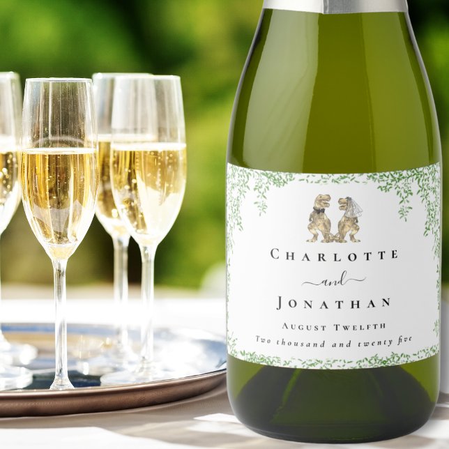 Dinosaur Theme Wedding Custom Sparkling Wine Label (Personalized T-Rex bride and groom dinosaur wedding sparkling wine labels Watercolor foliage)