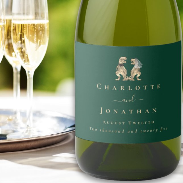 Dinosaur Theme Wedding Dark Green Sparkling Wine Label (Dinosaur themed wedding T-Rex bride and groom dino dark green custom sparkling wine bottle label)