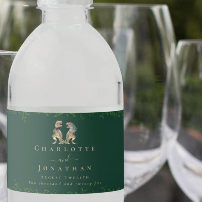 Dinosaur Theme Wedding Dark Green Water Bottle Label (dark green Dinosaur wedding personalized water bottle labels Eucalyptus foliage T-Rex bride & groom )