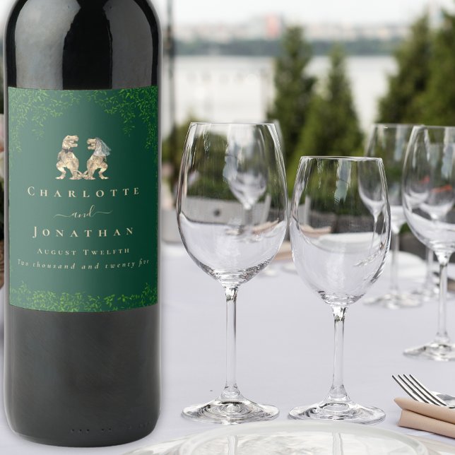 Dinosaur Theme Wedding Dark Green Wine Label (T-Rex bride and groom dinosaur wedding dark green custom wine labels Watercolor eucalyptus foliage )