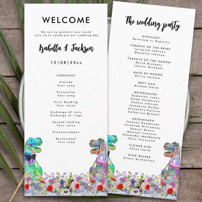 Dinosaur Theme Wedding Day Program (Dinosaur wedding colorful T-Rex bride and groom and wildflowers day of the wedding program )