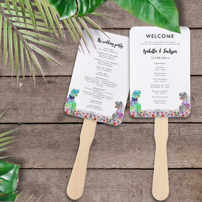 Dinosaur Theme Wedding Day Program Hand Fan (Colorful wildflowers dinosaur themed wedding day program)