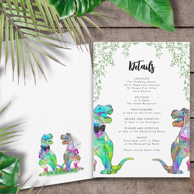 Dinosaur Theme Wedding Details Enclosure Card (T-Rex bride and groom colorful dinosaur wedding invitation details enclosure card)