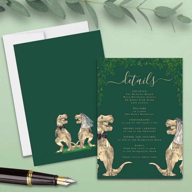 Dinosaur Theme Wedding Details Green  Enclosure Card (T-Rex bride and groom funny dinosaur wedding details dark green enclosure card watercolor eucalyptus)