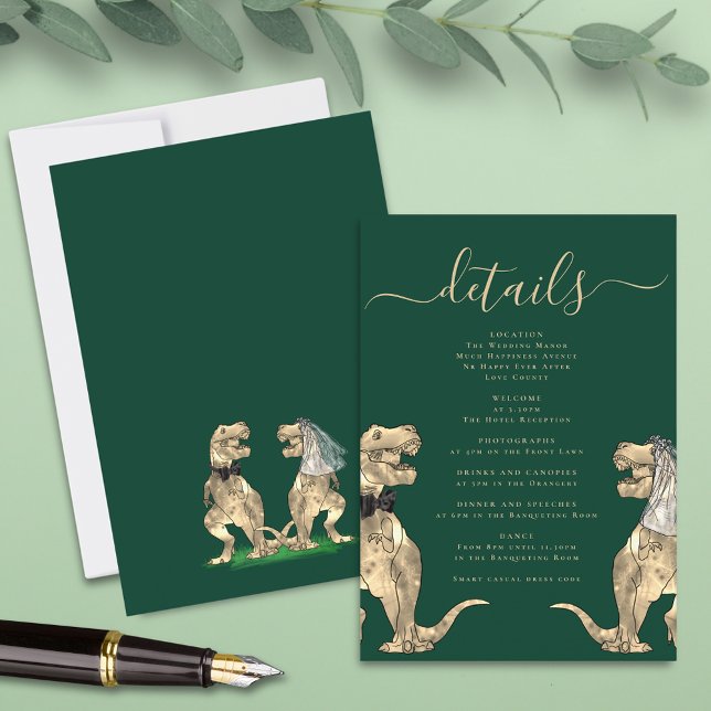 Dinosaur Theme Wedding Details Green Enclosure Card (T-Rex bride and groom funny dinosaur wedding details dark green enclosure card)