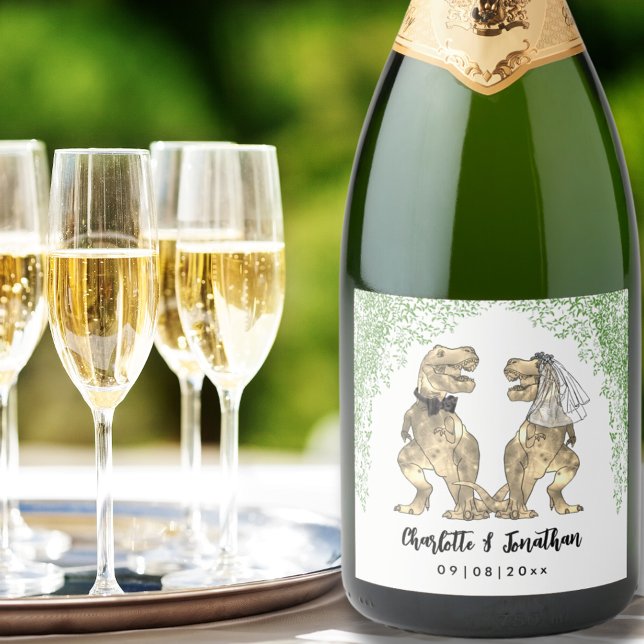 Dinosaur Theme Wedding Foliage custom  Sparkling Wine Label (T-Rex Bride and Groom Dinosaur Wedding Custom sparkling wine labels)
