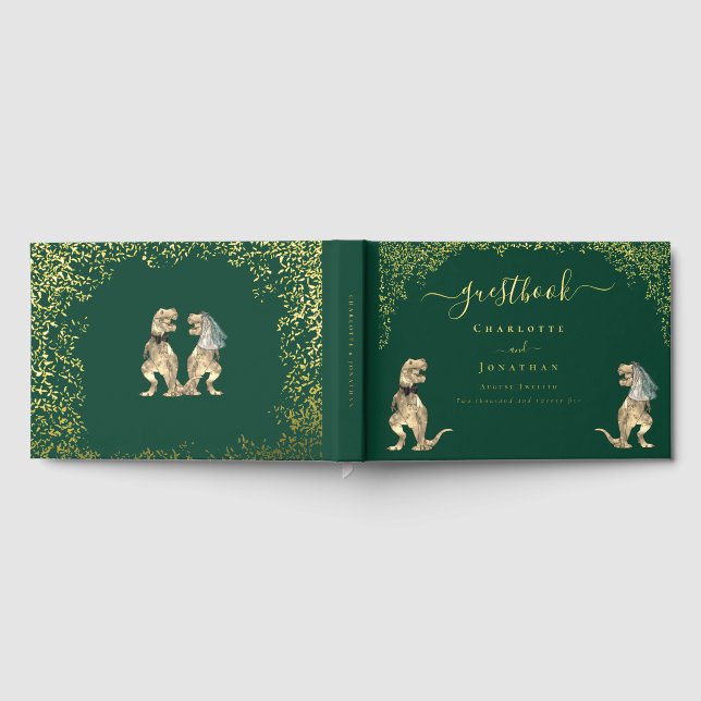 Dinosaur Theme Wedding Foliage Green Gold Foil Guest Book (Full)