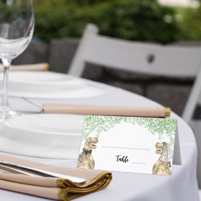 Dinosaur Theme Wedding Foliage Place Card (Dinosaur wedding table place card with T-Rex bride and groom with jungle foliage)