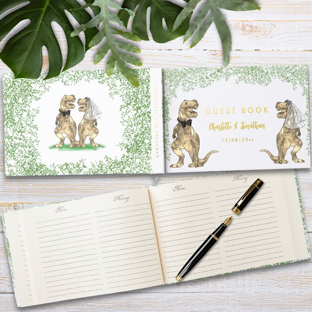 Dinosaur Theme Wedding Gold Foil Guest Book (Dinosaur themed wedding guest book with funny T-Rex bride and groom and Jurassic jungle foliage )