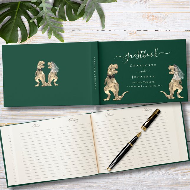 Dinosaur Theme Wedding Green and Gold Foil Guest Book ( Dinosaur bride and groom wedding custom dark green and gold foil guest book with funny T-Rex dino)