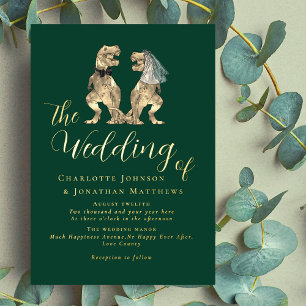 Dinosaur Theme Wedding Green and Gold Foil Invitation