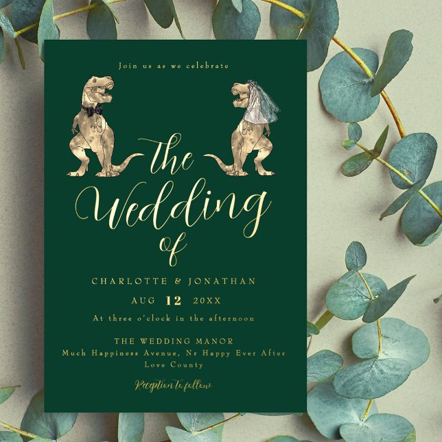 Dinosaur Theme Wedding Green and Gold Foil Invitation (Dinosaur theme wedding dark green & gold foil invitation Elegant script funny T-Rex bride and groom)