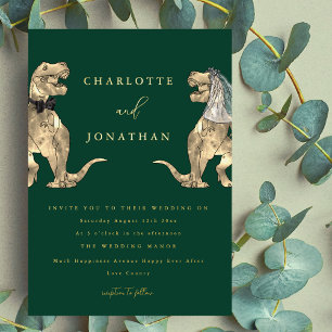 Dinosaur theme Wedding Green and Gold Foil Invitation