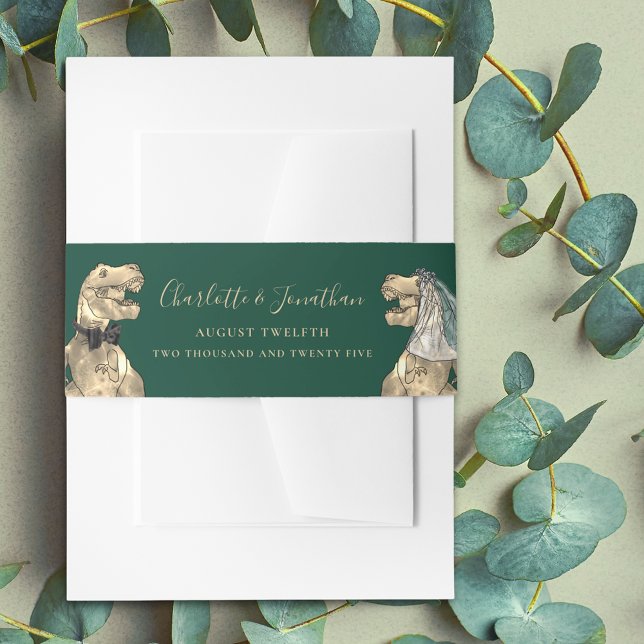 Dinosaur Theme Wedding Green Personalized Invitation Belly Band (Dinosaur wedding personalized dark green invitation belly bands Elegant modern script funny T-Rex)