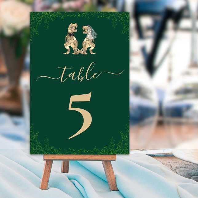Dinosaur theme Wedding Green Table Number (Dinosaur wedding dark green table number cards with elegant script fun T-Rex bride and groom dino)