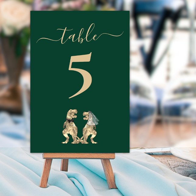 Dinosaur theme Wedding Green Table Number (Dinosaur themed dark green wedding table number cards Fun T-Rex bride and groom dinos elegant script)