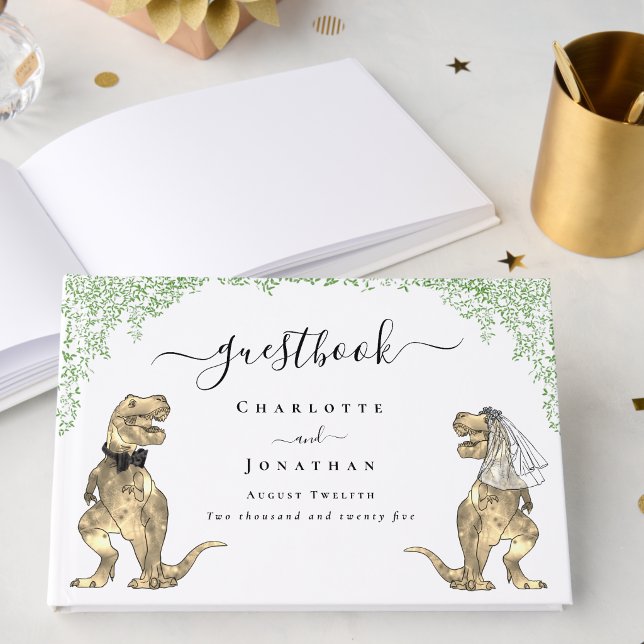 Dinosaur Theme Wedding Greenery Custom Guest Book (Dinosaur wedding custom guest book Funny T-Rex bride & groom watercolor eucalyptus foliage & script)