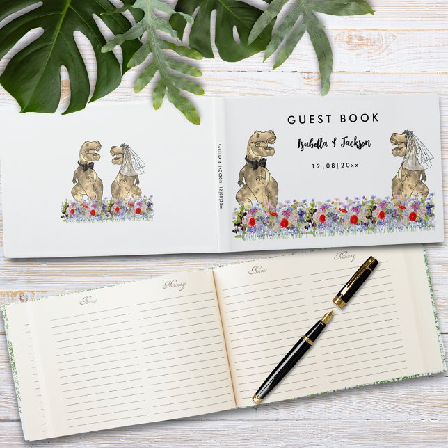 Dinosaur Theme Wedding Guest Book (Fun dinosaur themed wedding T-Rex bride and groom floral custom wedding guest book)