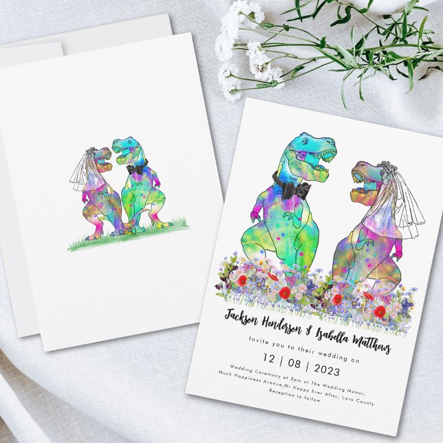 Dinosaur Theme Wedding Invitation (T-Rex bride and groom colorful wildflower meadow fun dinosaur wedding invitation )