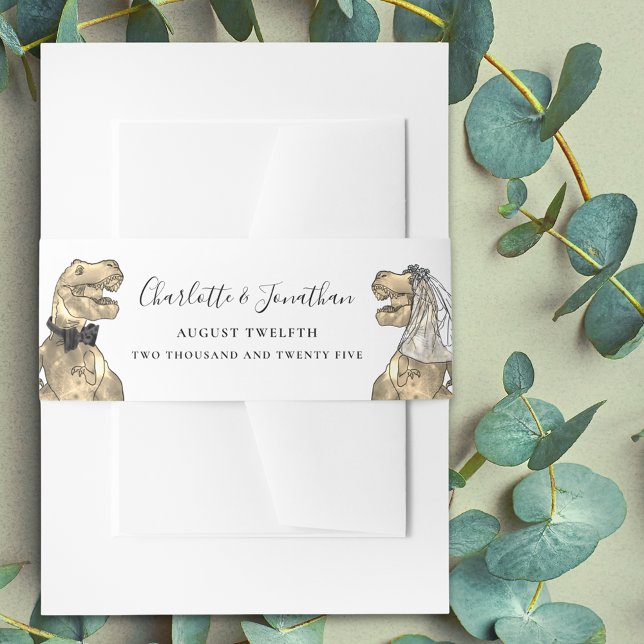 Dinosaur Theme Wedding Personalized Invitation Belly Band (Dinosaur wedding invitation personalized belly bands Modern elegant script T-Rex dino bride & groom)