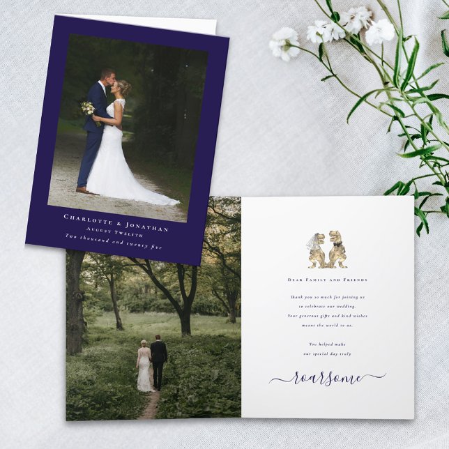 Dinosaur Theme Wedding Photo Navy Blue White Thank You Card (Dinosaur theme wedding photo thank you navy blue folded card T-Rex dino bride and groom elegant )
