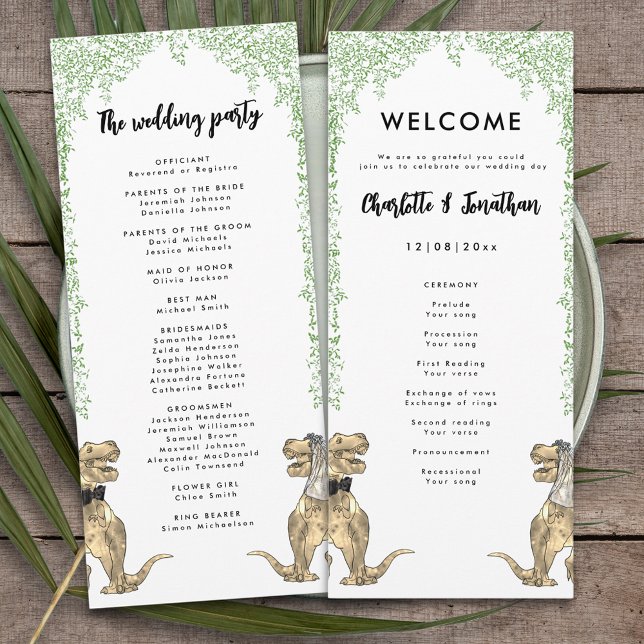 Dinosaur Theme Wedding Program  (Dinosaur bride and groom T-Rex dino wedding day program)