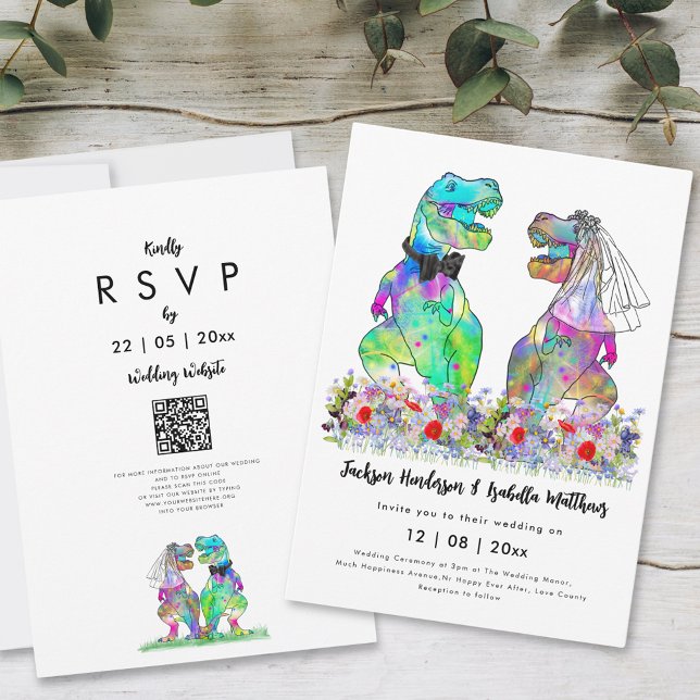 Dinosaur Theme Wedding QR Code Invitation (Dinosaur wedding inviation colorful funny T-Rex bride and groom with wildflowers)
