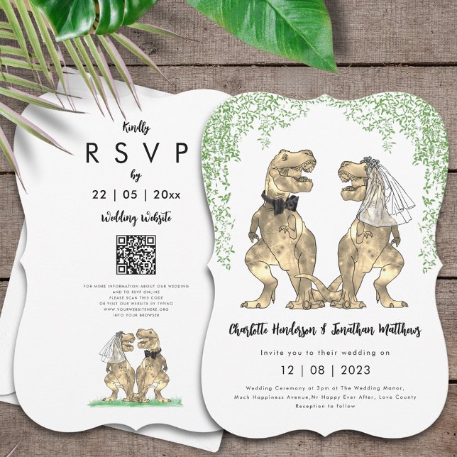 Dinosaur Theme Wedding QR Code  Invitation (T-Rex bride and groom dinosaur  wedding invitation with website online rsvp qr code)