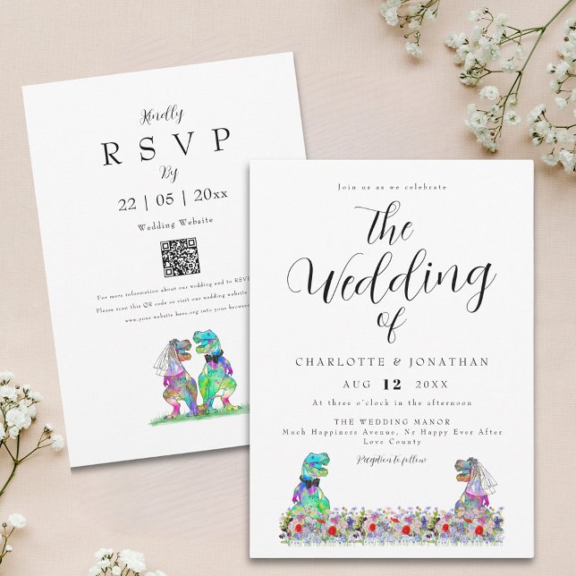 Dinosaur Theme Wedding QR Code Invitation (Boho wildflower dinosaur wedding invitation with qr code)