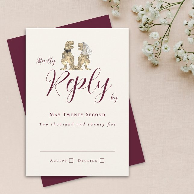 Dinosaur Theme Wedding Reply Burgundy Cream RSVP Card (Dinosaur theme wedding invitation burgundy and cream RSVP card T-Rex broide and groom elegant script)