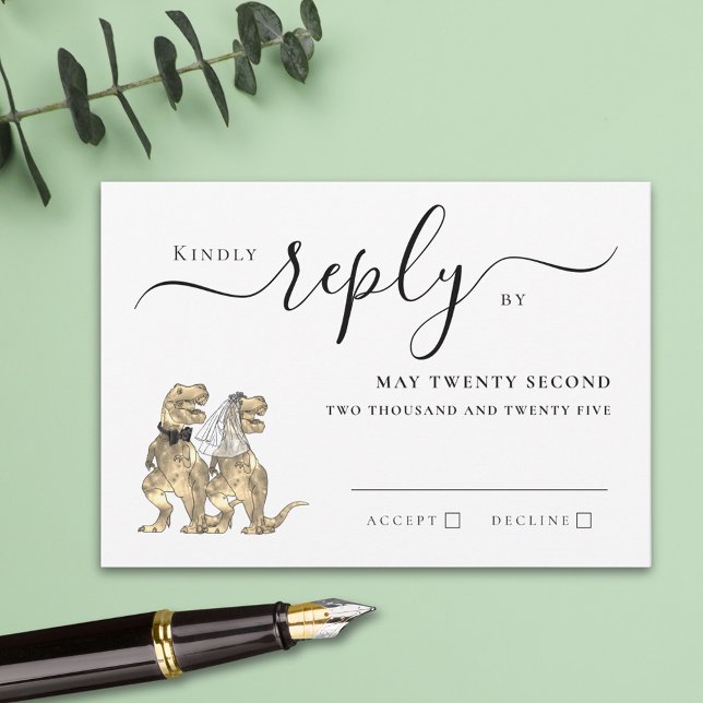 Dinosaur Theme Wedding Reply RSVP Card (T-Rex bride and groom funny dinosaur wedding rsvp card Modern elegant script)