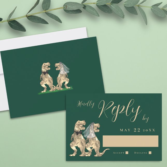 Dinosaur Theme Wedding Reply RSVP Card (T-Rex dino bride and groom dark green dinosaur wedding rsvp card elegant script)