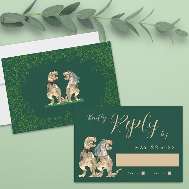 Dinosaur Theme Wedding Reply RSVP Card (T-Rex bride and groom funny dinosaur wedding rsvp card Watercolor eucalyptus foliage dark green )