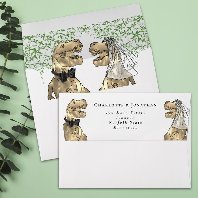Dinosaur Theme Wedding Return Address  Envelope (Funny T-Rex bride and groom dinosaur wedding invitation return address envelope )
