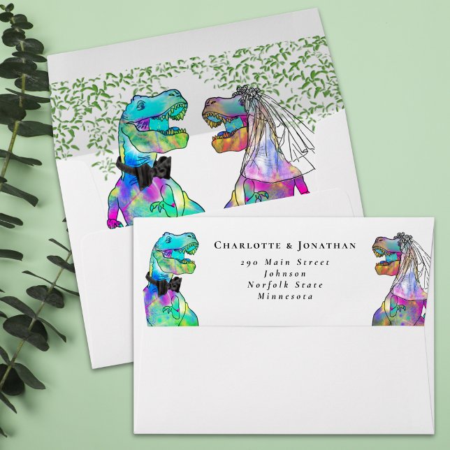 Dinosaur Theme Wedding Return Address  Envelope (T-Rex bride & groom colorful dinosaur wedding invitation return address envelope Watercolor foliage)