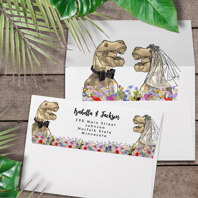 Dinosaur Theme Wedding Return Address Envelope (Dinosaur wedding returns address label with T-Rex bride and groom in a prehistoric wildflower meadow)