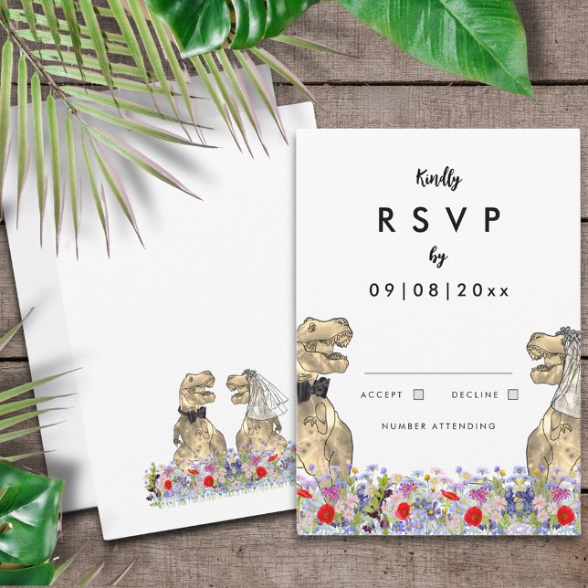 Dinosaur Theme Wedding RSVP Card (Dinosaur themed wedding RSVP enclosure card with T-Rex bride and groom & colorful wildflower meadow)