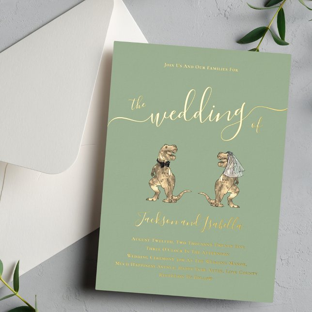 Dinosaur theme Wedding Sage Green and Gold Foil Invitation (Dinosaur theme sage green and gold foil script calligraphy wedding invitation Elegant modern T-Rex)