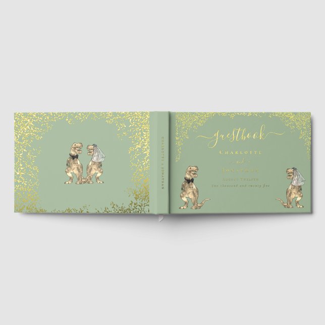 Dinosaur Theme Wedding Sage Green Gold Foil Guest Book (Full)