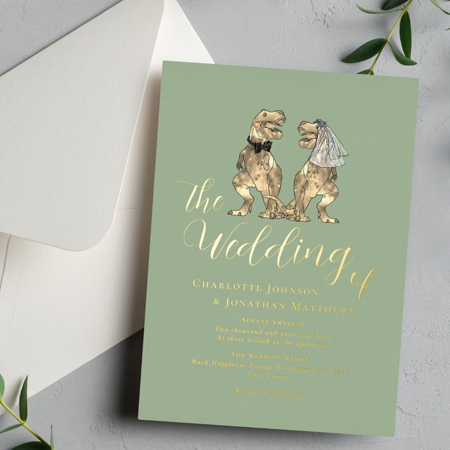 Dinosaur Theme Wedding Sage Green Gold Foil Invitation (Dinosaur theme wedding sage green gold foil invitation Elegant modern script calligraphy T-Rex dino)